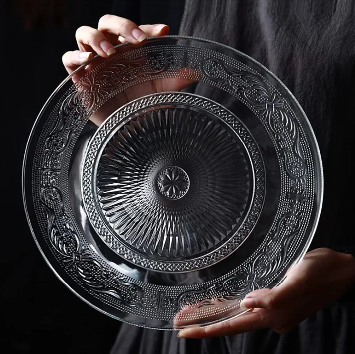 Assiette à dîner en verre gaufré, assiette de service ronde transparente pour Restaurant04