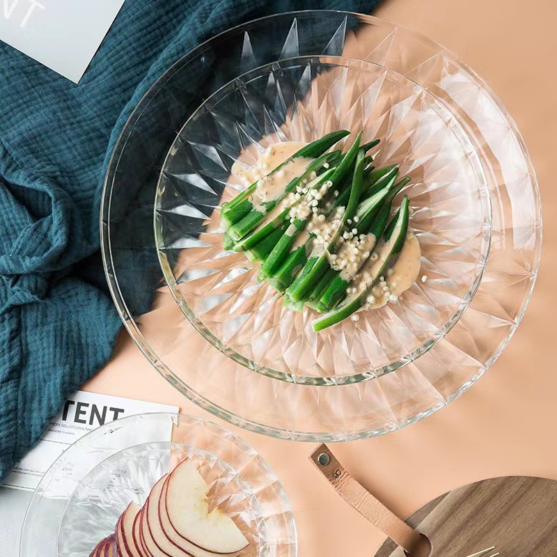 Hochwertiger europäischer Teller aus transparentem Glas, runder Lebensmittelteller aus Glas01