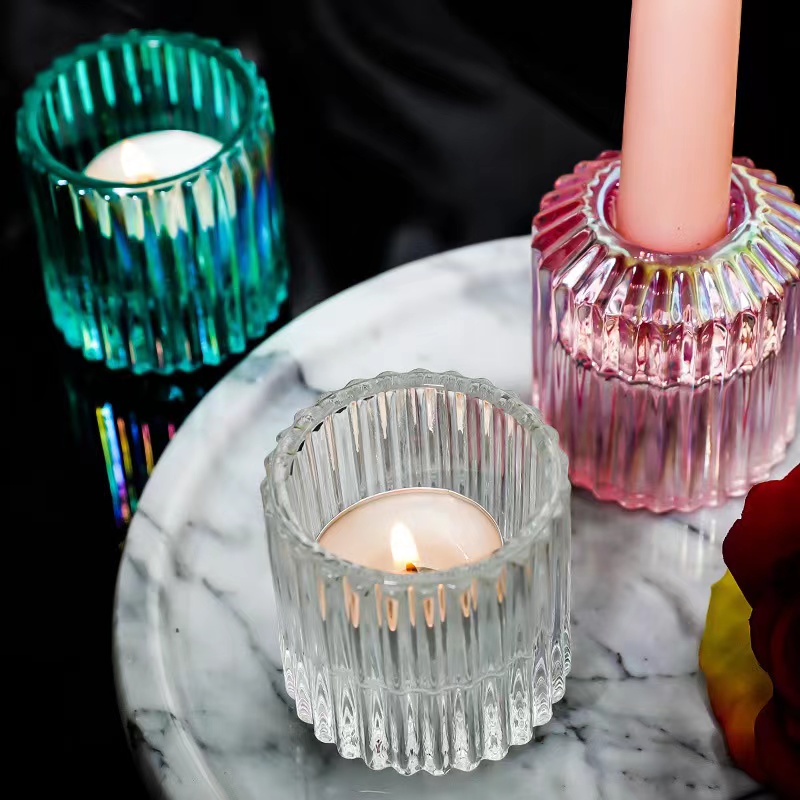 Szklany świecznik w paski, używany do kolacji weselnej, ślubu, urodzin i wystroju domu06